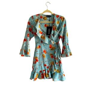 Pretty Little Things women’s NWT Turquoise Floral Printed Frill true Wrap Dress4
